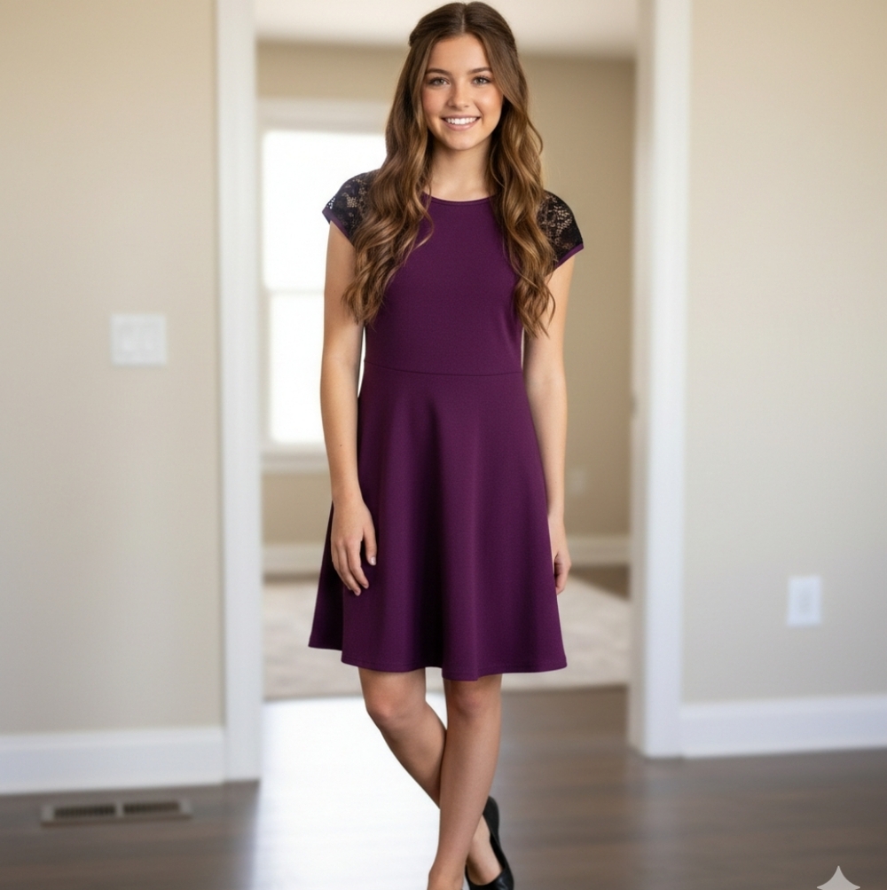 Children's Place Purple Dress with Black Lace Sleeves Size 14